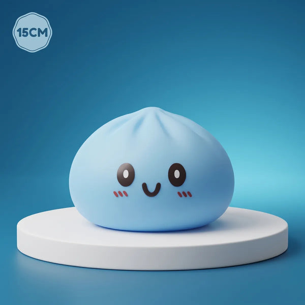 Jumbo large blue dumpling squishy on a display podium