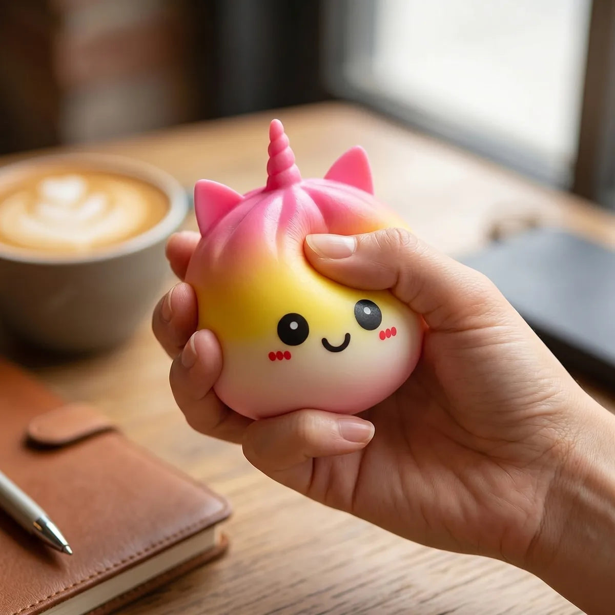 Jumbo unicorn rainbow squishy dumplings styled as cute desk decor