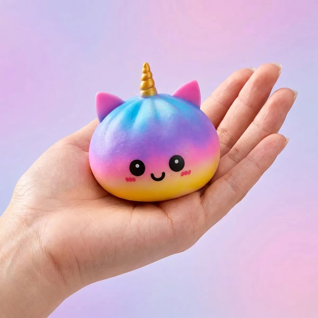 Jumbo unicorn rainbow squishy dumplings held in hand lifestyle shot