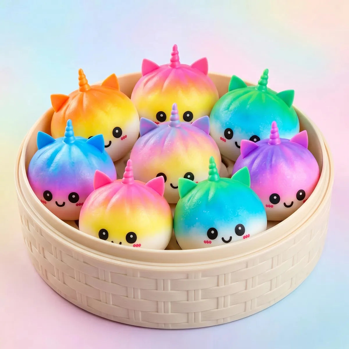 Macro close-up of jumbo unicorn rainbow squishy dumplings soft texture