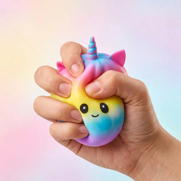 Hands playing with the jumbo unicorn rainbow squishy dumplings