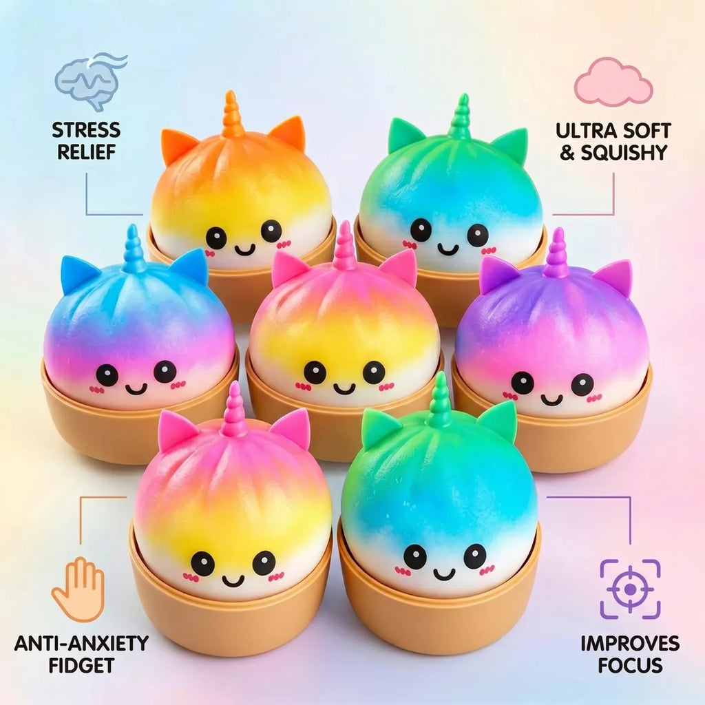 Jumbo unicorn rainbow squishy dumplings size guide infographic with dimensions