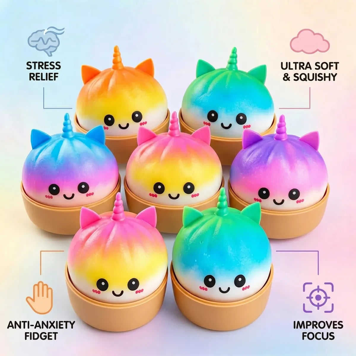 Jumbo unicorn rainbow squishy dumplings size guide infographic with dimensions