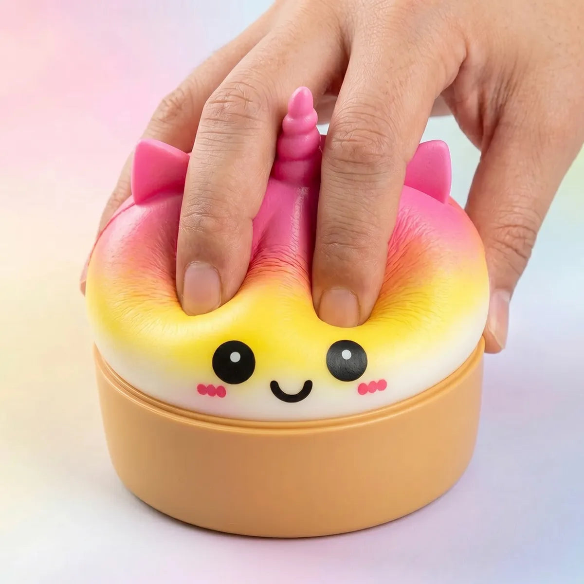 Jumbo unicorn rainbow squishy dumplings being squeezed slow rising