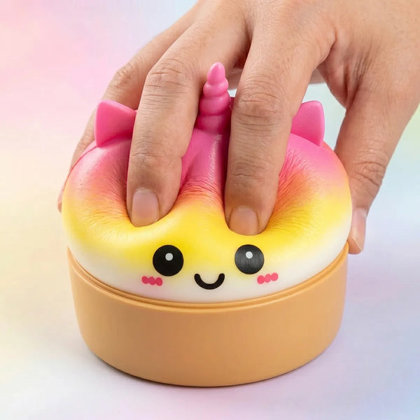 Jumbo unicorn rainbow squishy dumplings being squeezed slow rising