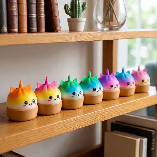 Jumbo unicorn rainbow squishy dumplings displayed with bamboo steamer