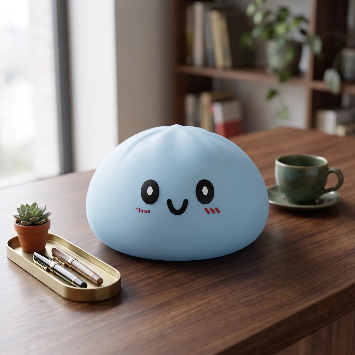 Oversized large blue dumpling squishy in a cozy lifestyle setting
