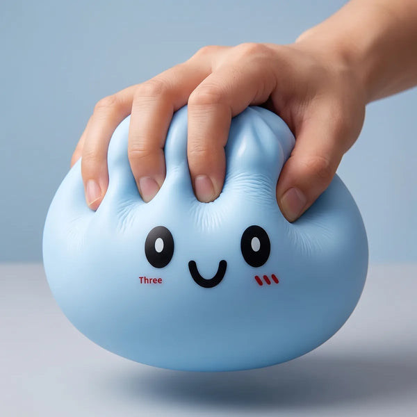 Hand squeezing a large blue dumpling squishy