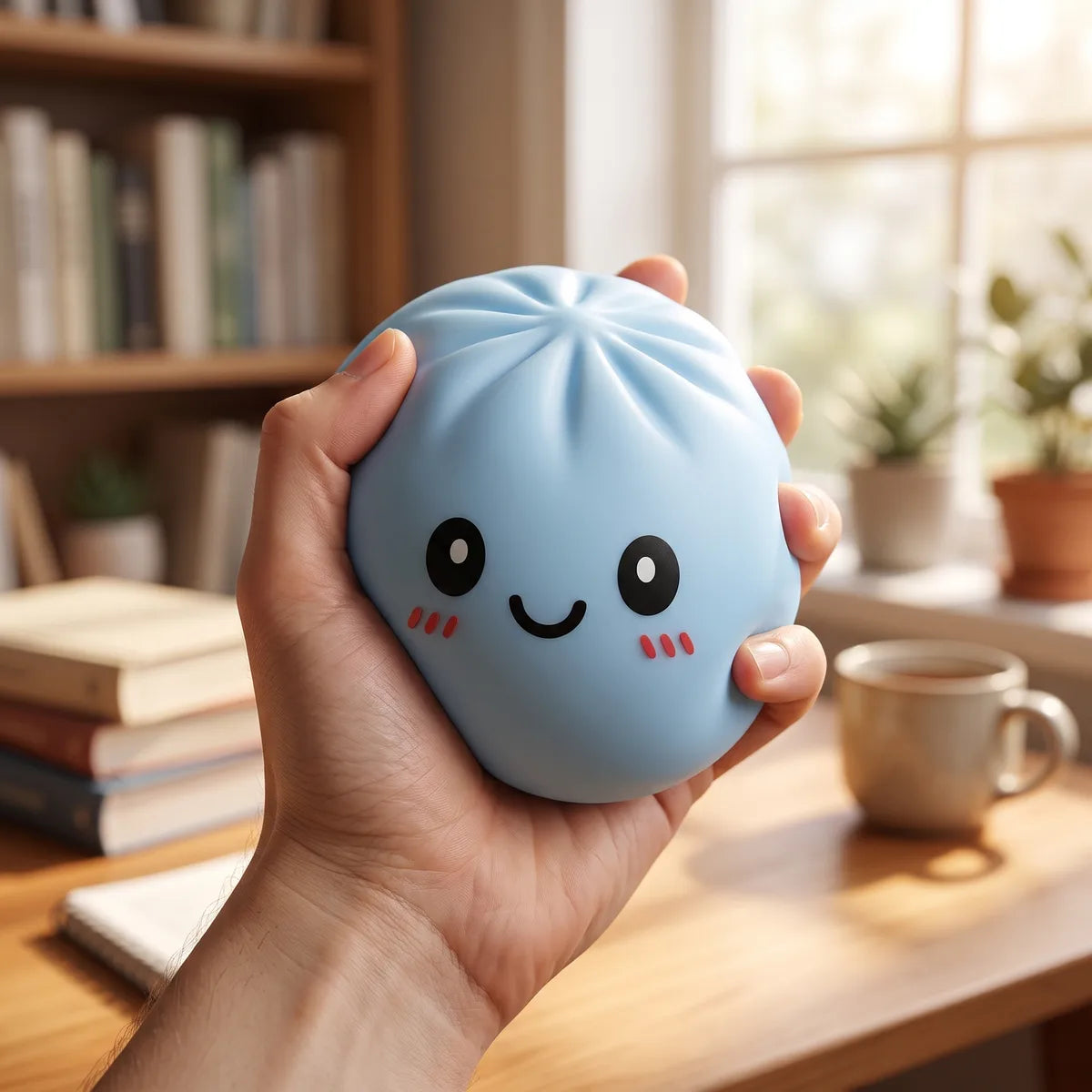 Person using a large blue dumpling squishy for stress relief