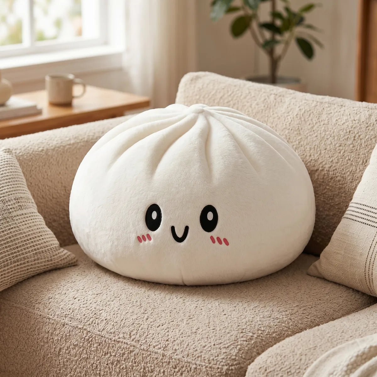 Large white dumpling squishy plush pillow in a cozy bedroom