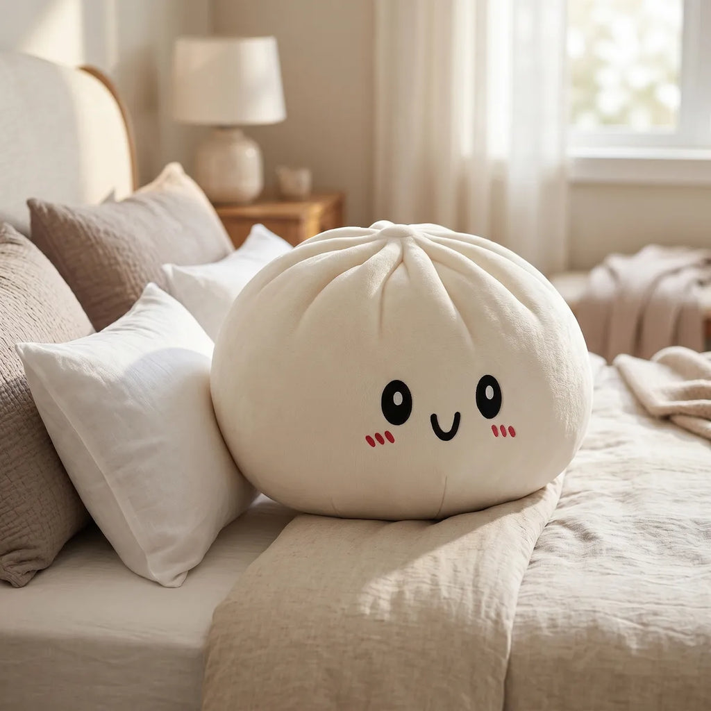 Large dumpling squishy plush pillow in a cozy reading nook