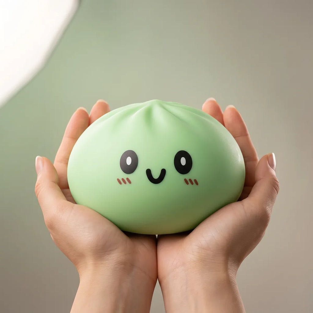 Hands holding a large green dumpling squishy