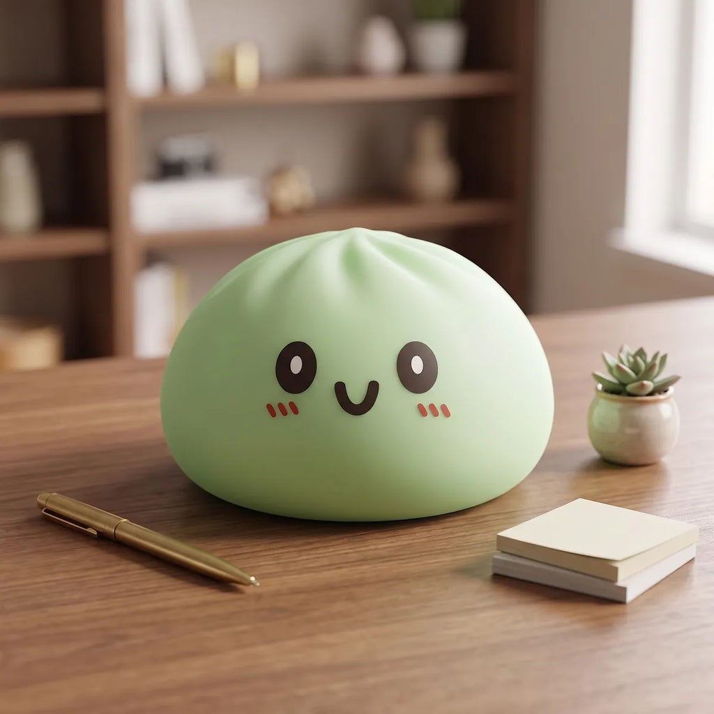 Oversized large green dumpling squishy in a cozy lifestyle setting