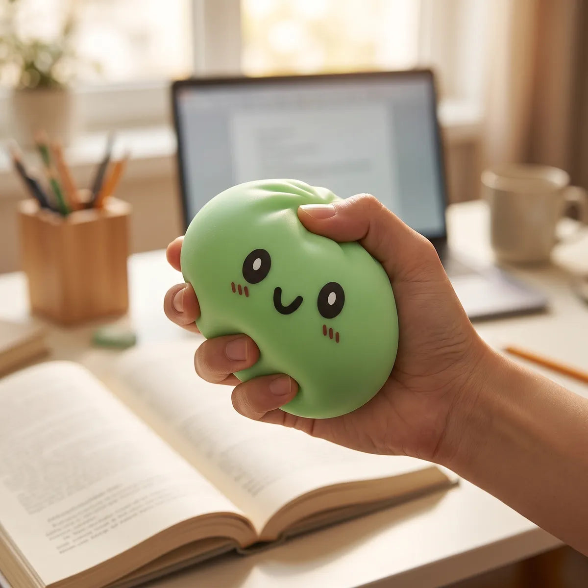 Person using a large green dumpling squishy for stress relief