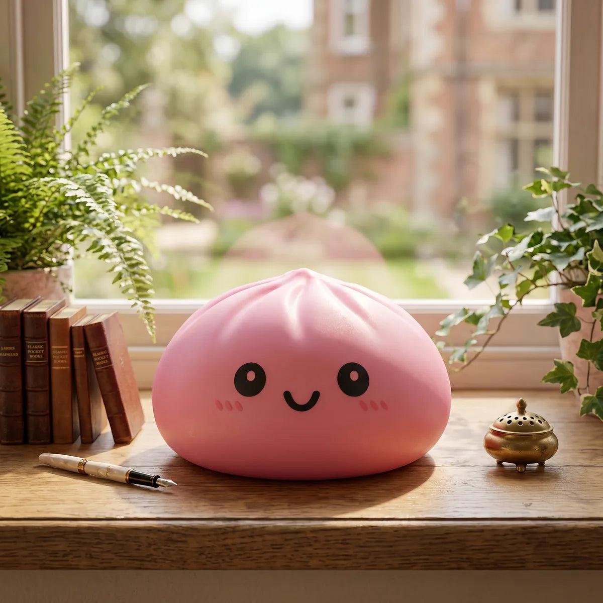 Oversized large pink dumpling squishy in a cozy lifestyle setting