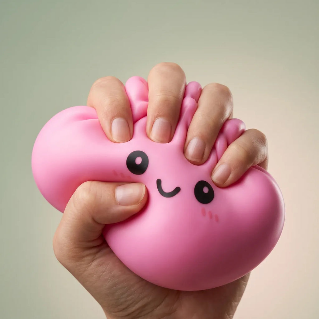 Hand squeezing a large pink dumpling squishy
