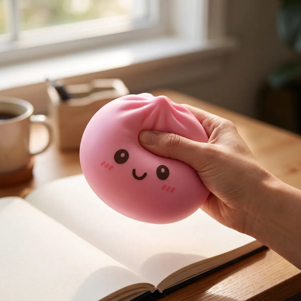 Person using a large pink dumpling squishy for stress relief