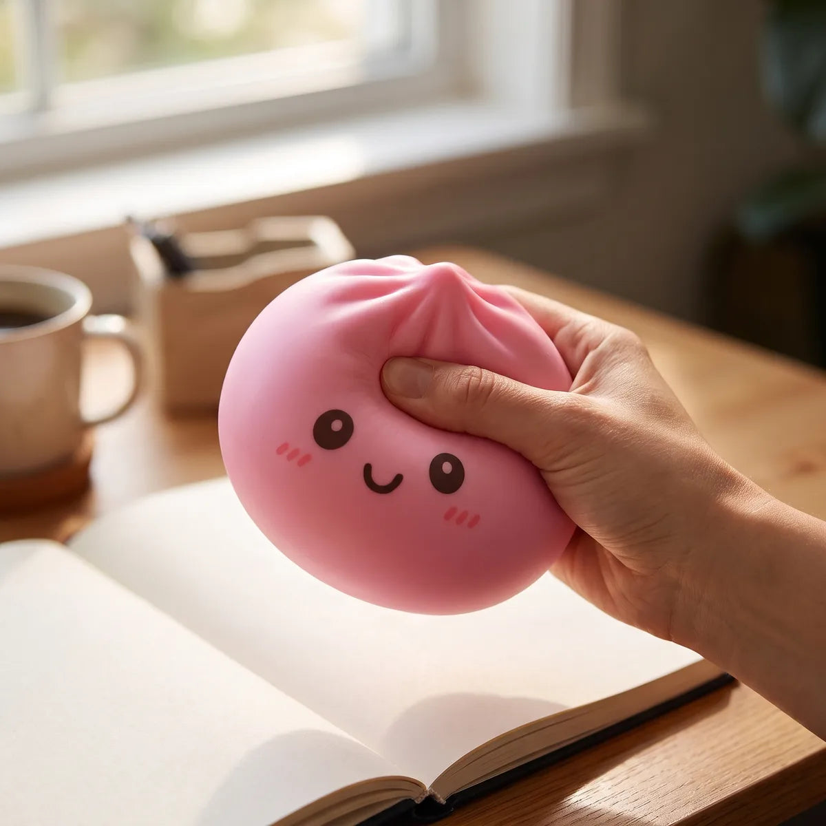 Person using a large pink dumpling squishy for stress relief