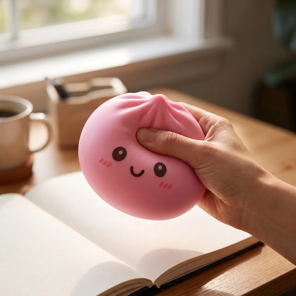 Person using a large pink dumpling squishy for stress relief