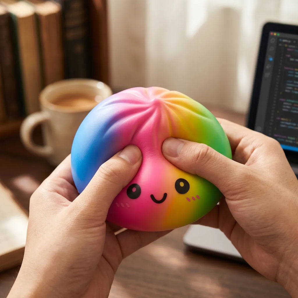 Large rainbow dumpling squishy styled as cute desk decor