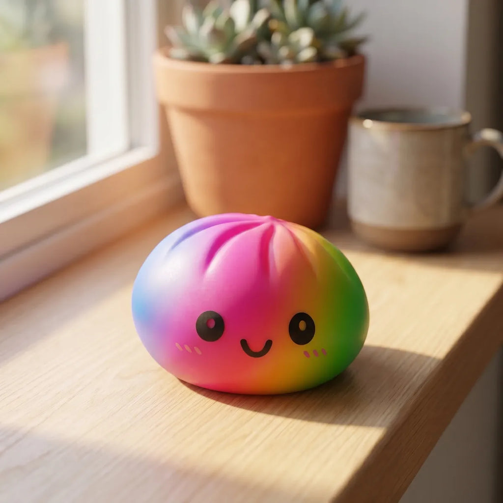 Large rainbow dumpling squishy displayed on a shelf