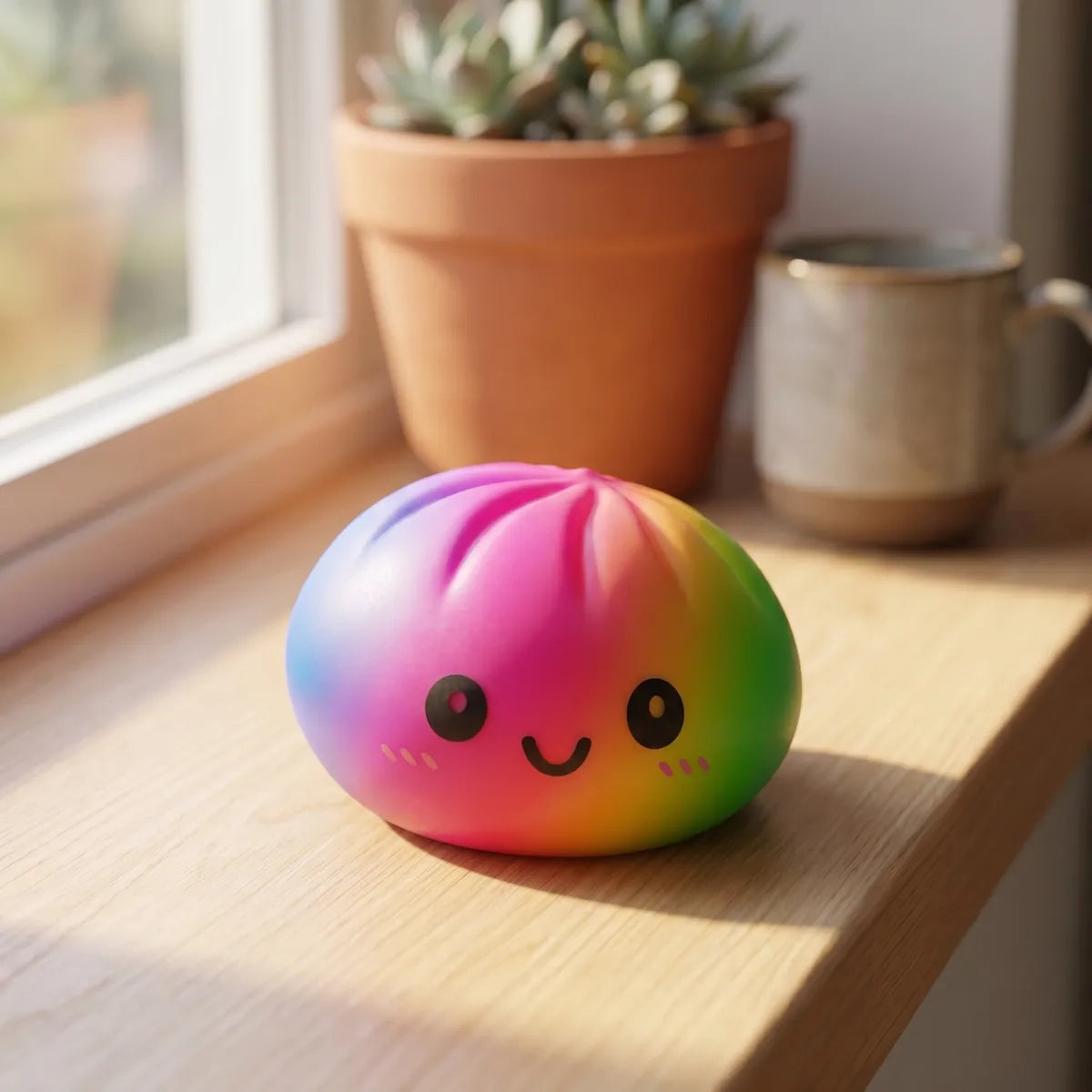 Large rainbow dumpling squishy displayed on a shelf