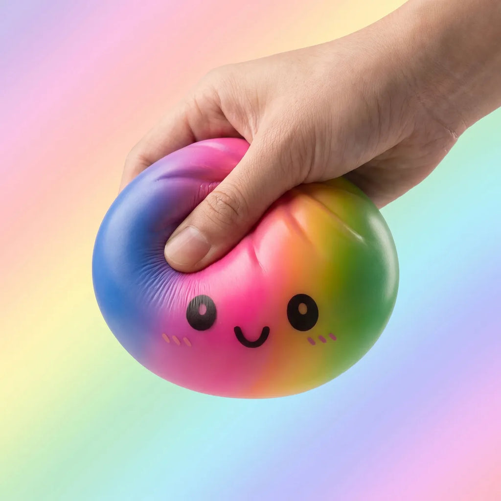 Hands playing with the large rainbow dumpling squishy