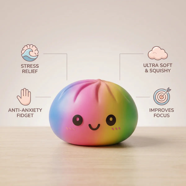 Large rainbow dumpling squishy size guide infographic with dimensions