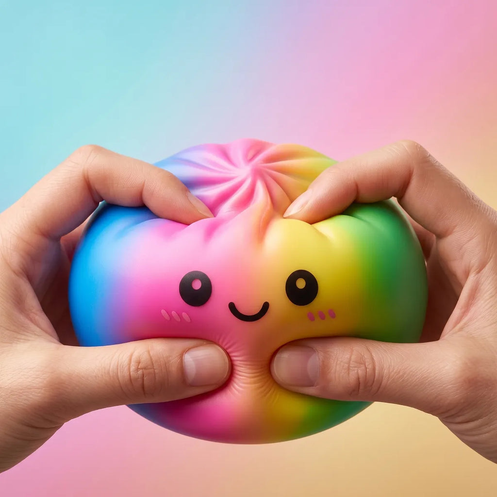 Large rainbow dumpling squishy being squeezed showing slow rising foam