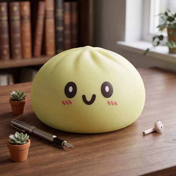 Oversized large yellow dumpling squishy in a cozy lifestyle setting