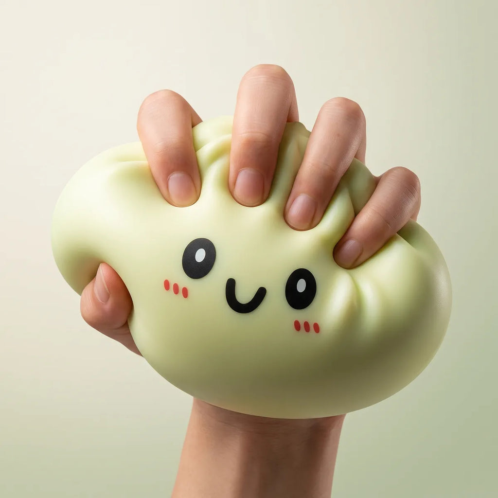 Hand squeezing a large yellow dumpling squishy