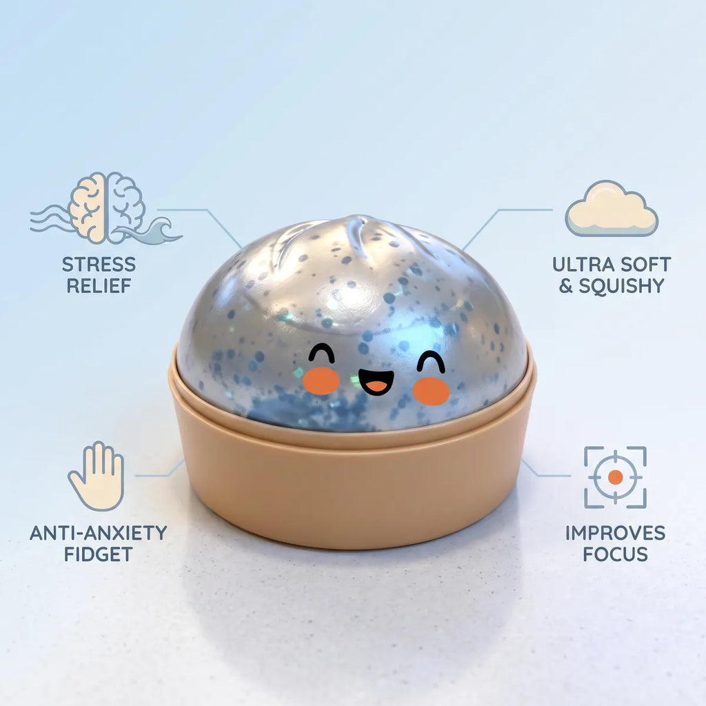 Light blue sparkle dumpling squishy features and benefits overview