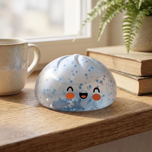 Light blue sparkle dumpling squishy styled in a cozy lifestyle setting