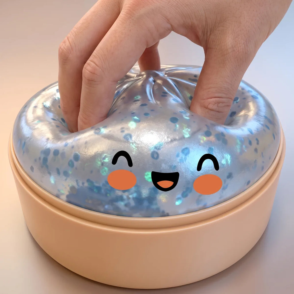 Hand squeezing a light blue sparkle dumpling squishy