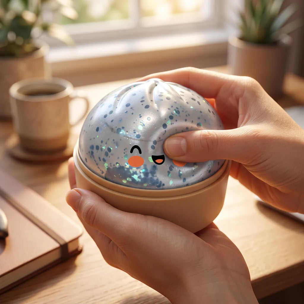 Person using a light blue sparkle dumpling squishy for stress relief