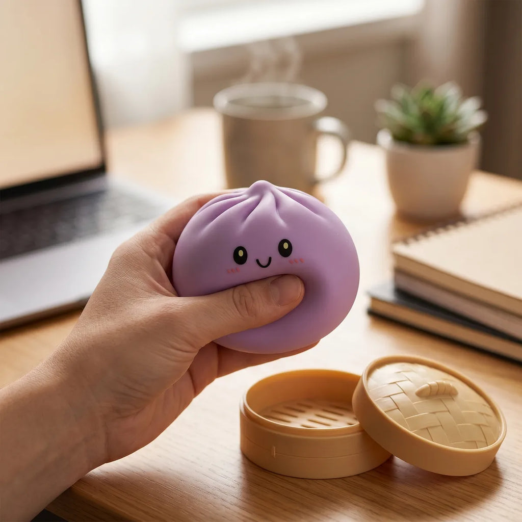 Magenta dumpling squishy styled as cute desk decor