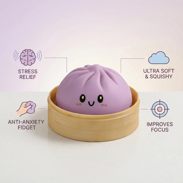 Magenta dumpling squishy size guide infographic with dimensions