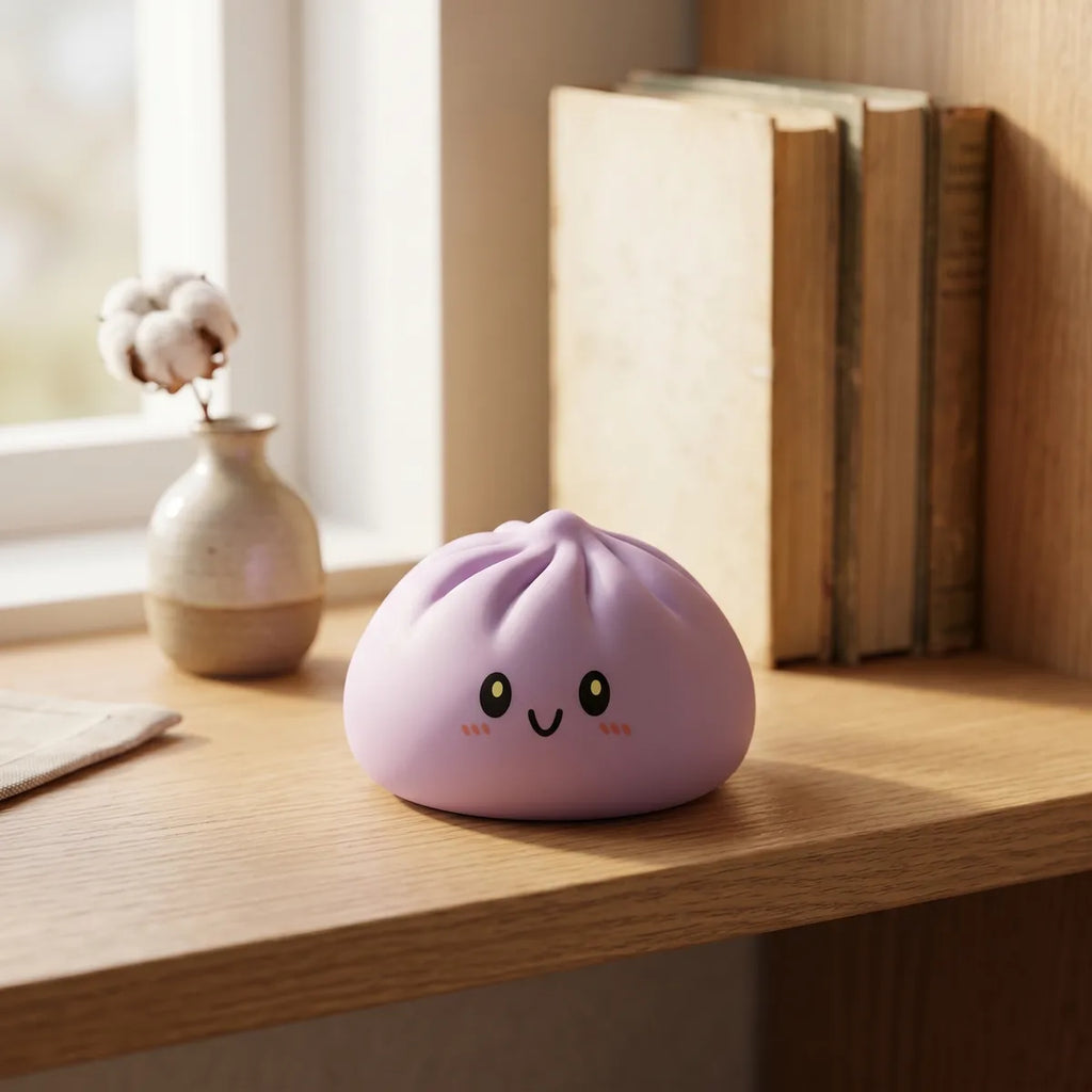 Magenta dumpling squishy displayed with bamboo steamer