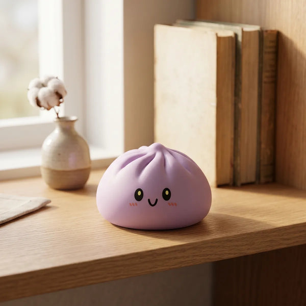 Magenta dumpling squishy displayed with bamboo steamer