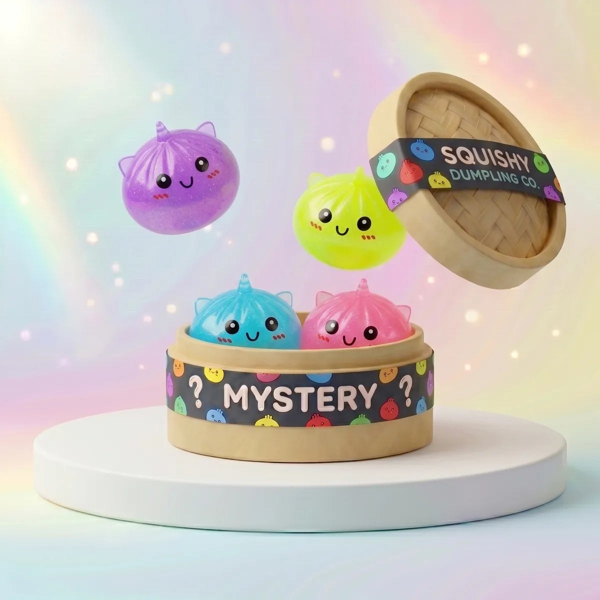Mystery mini unicorn dumpling squishy blind box spilling from a steamer Main image