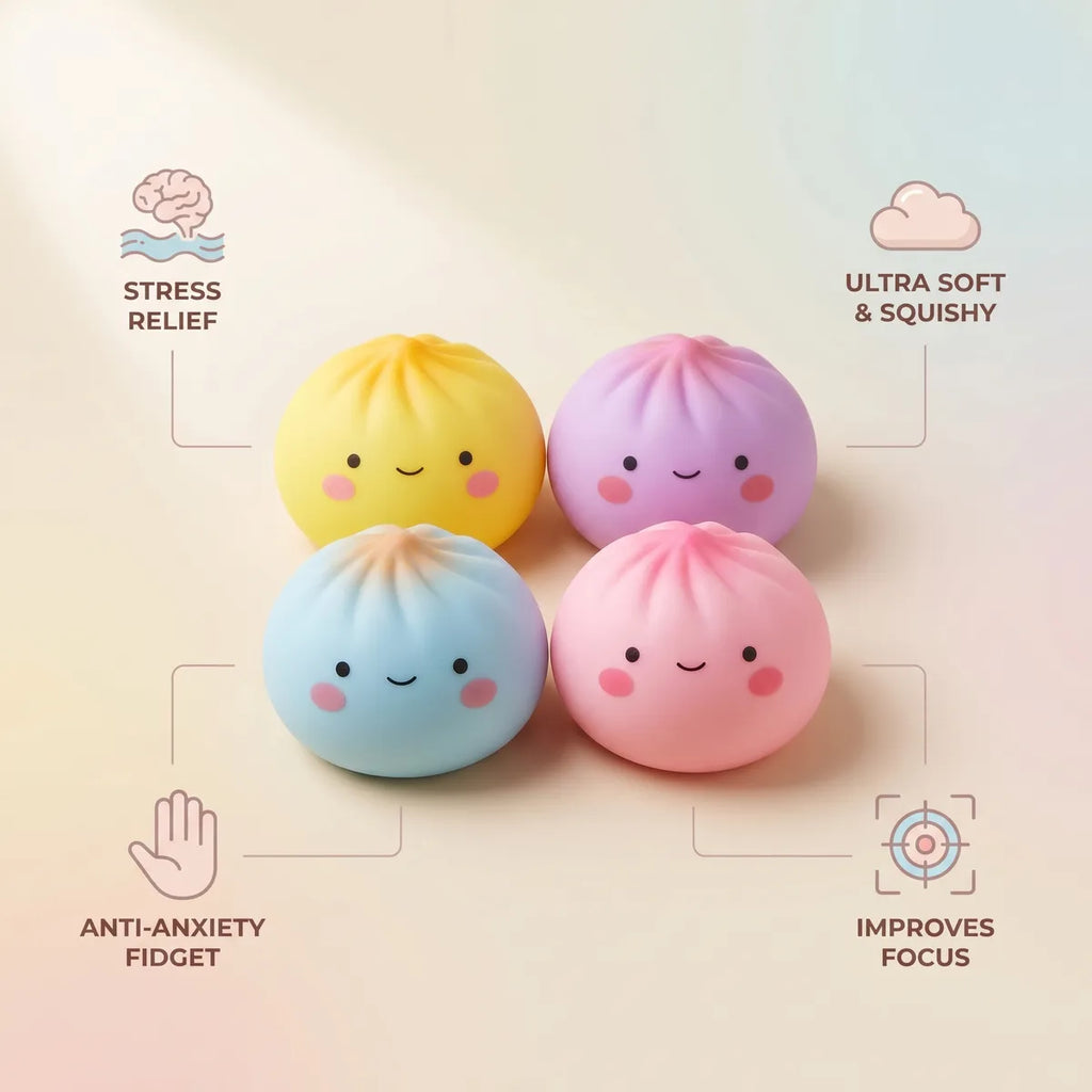 Mini dumpling squishy toy blind bag size guide infographic with dimensions