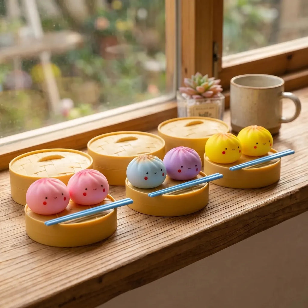 Mini dumpling squishy toy blind bag displayed with bamboo steamer