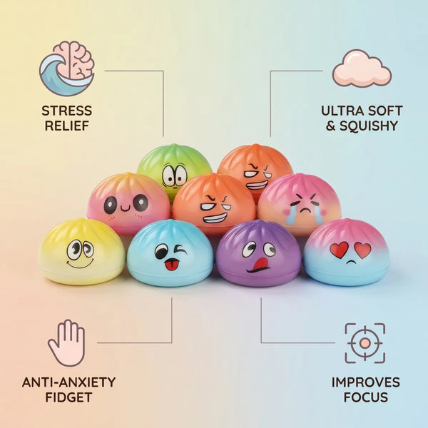 Mini dumpling squishy toy size guide infographic with dimensions