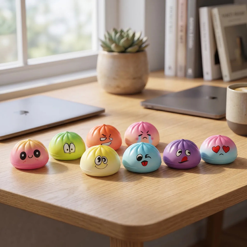 Mini dumpling squishy toy displayed with bamboo steamer