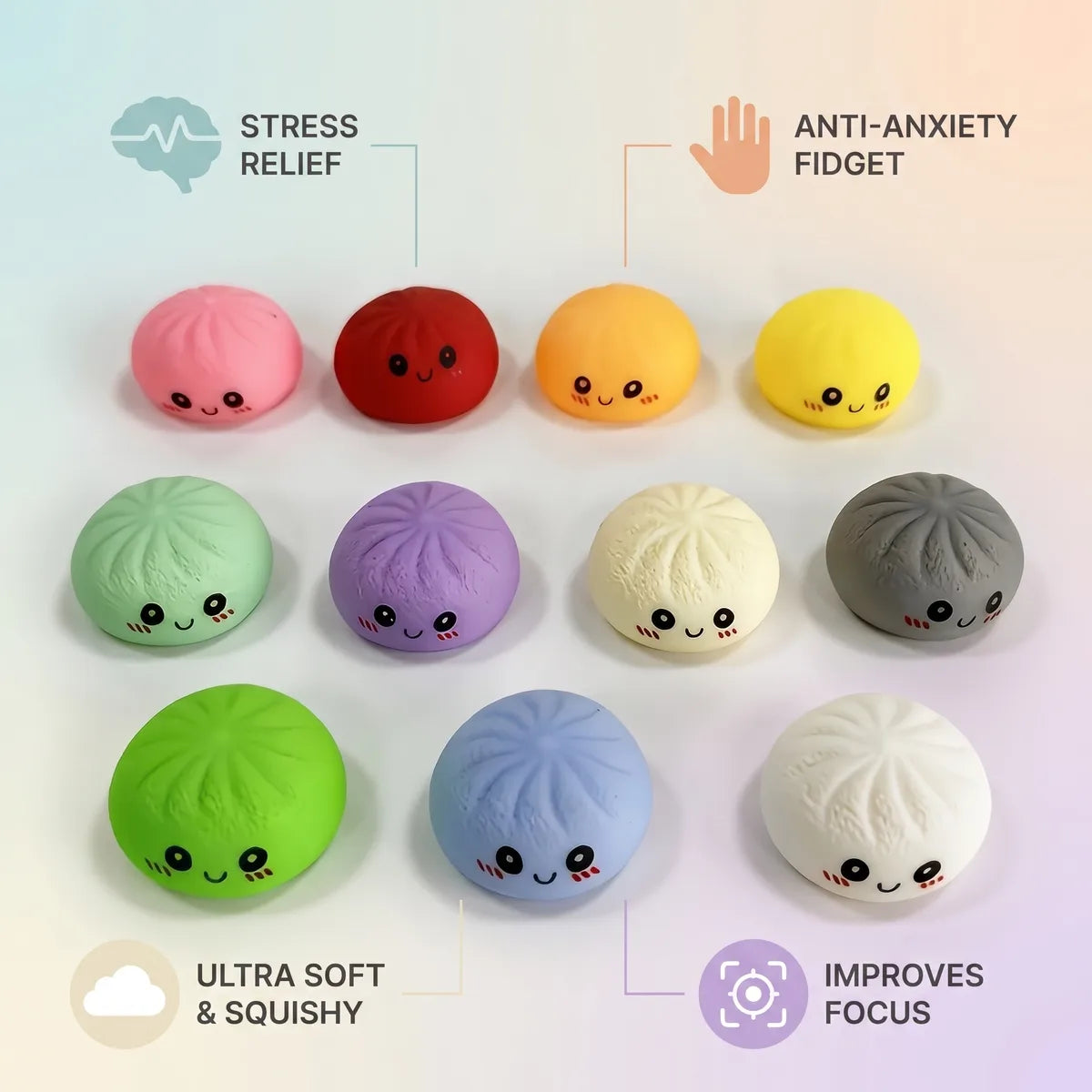 Mini mystery squishy dumplings size guide infographic with dimensions