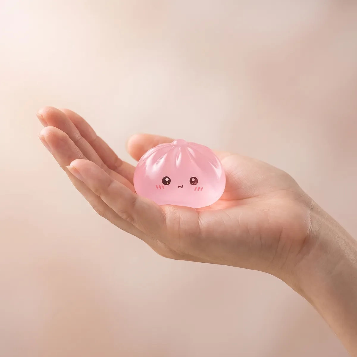 Mini sugar dumpling squishy held in hand to show its size