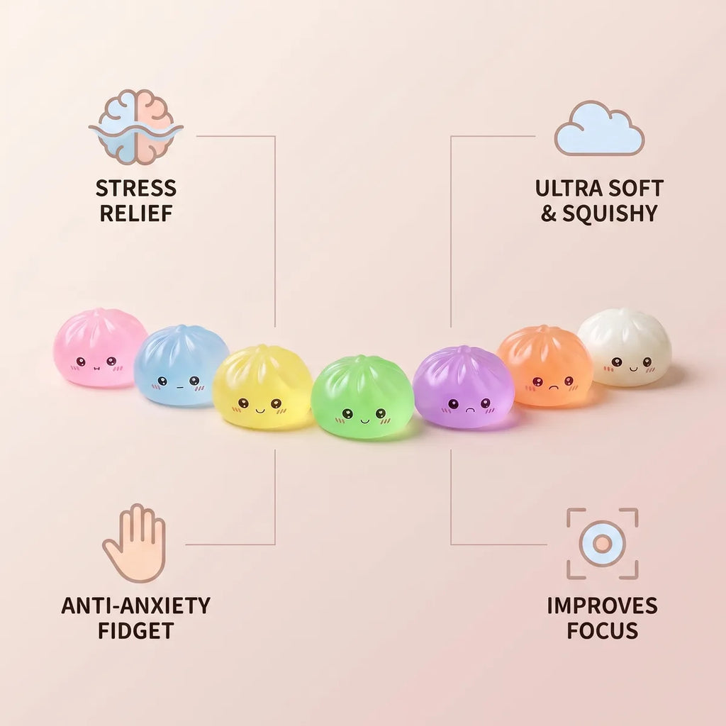 Mini sugar dumpling squishy size guide infographic with dimensions
