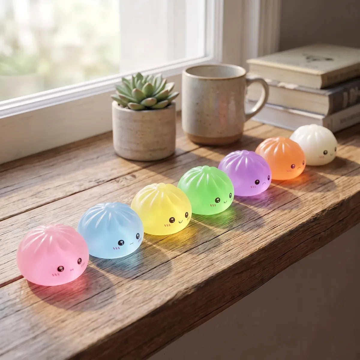 Mini sugar dumpling squishy set displayed with bamboo steamer