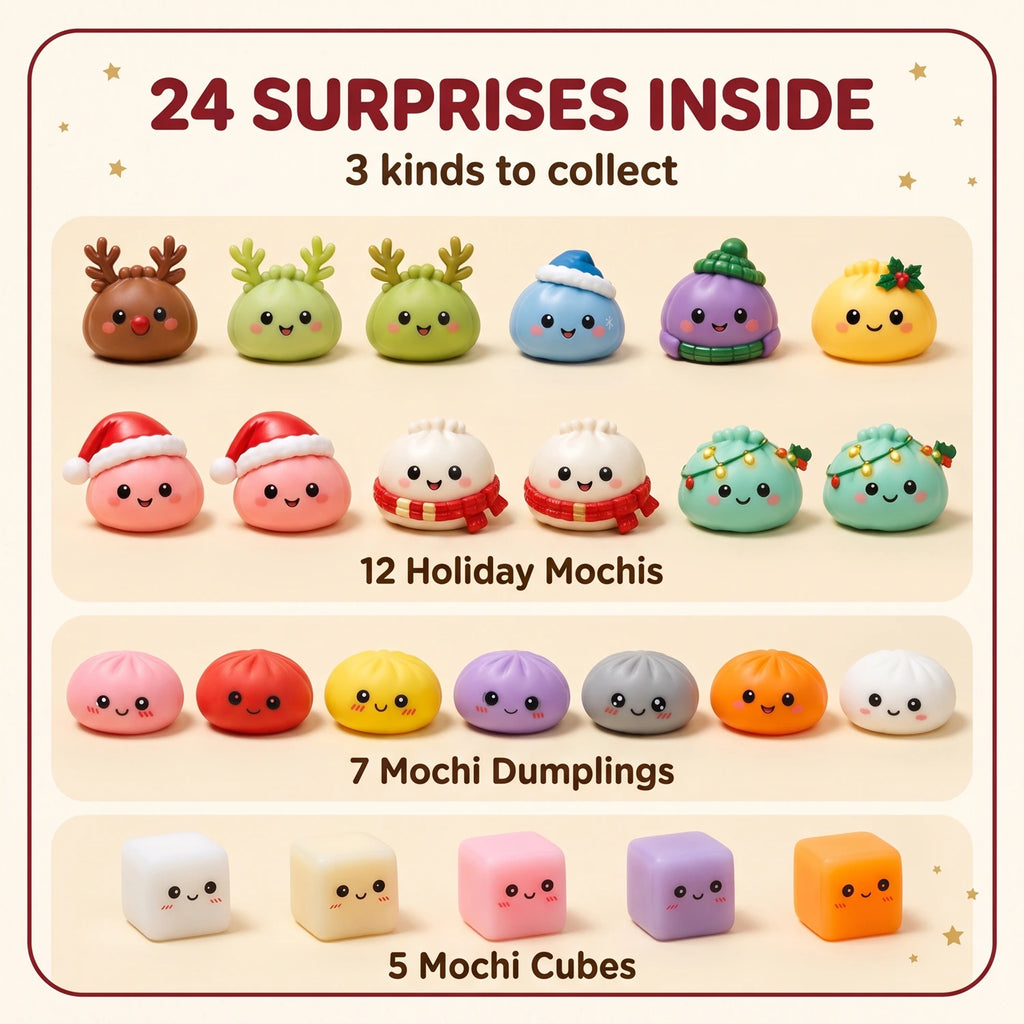 Gingerbread Mochi Dumpling Squishy Advent Calendar 24 Pieces infographic: 12 holiday mochis, 7 mochi dumplings and 5 mochi cubes