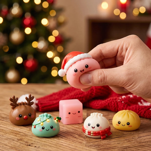 Hand squeezing a mini squishy from the Gingerbread Mochi Dumpling Squishy Advent Calendar 24 Pieces